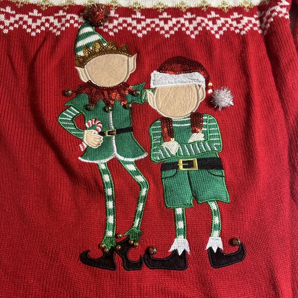 Merry & Bright Ugly Christmas Sweater #Elfies Women's Medium‎ Red Green Cream - Picture 7 of 9
